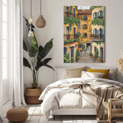 French Summer Courtyard Charm with Ivy Balconies and Cafe Chairs Digital Print