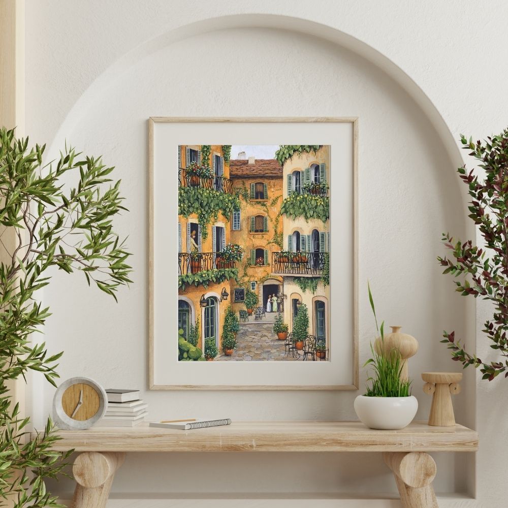 French Summer Courtyard Charm with Ivy Balconies and Cafe Chairs Digital Print