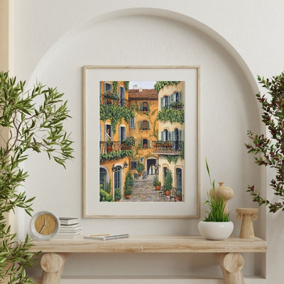 French Summer Courtyard Charm with Ivy Balconies and Cafe Chairs Digital Print