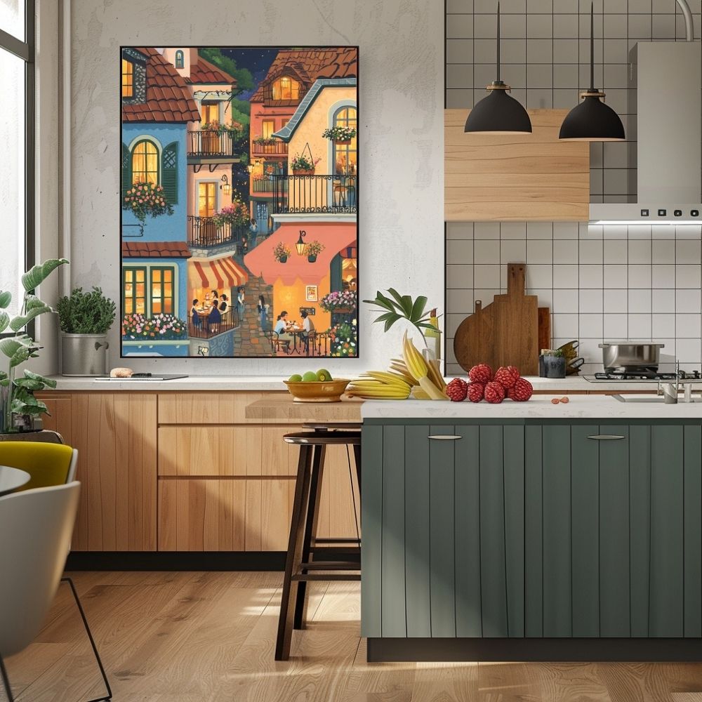Evening Glow in a Hillside Village with Warmly Lit Cafes Digital Artwork