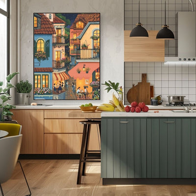 Evening Glow in a Hillside Village with Warmly Lit Cafes Digital Artwork