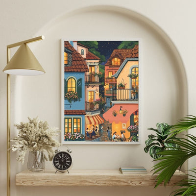 Evening Glow in a Hillside Village with Warmly Lit Cafes Digital Artwork