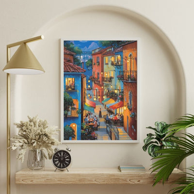Evening Market Cafe with Flower Balconies Digital Wall Art