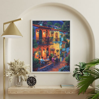 European Evening Terrace Cafe with Warm Glowing String Lights Printable