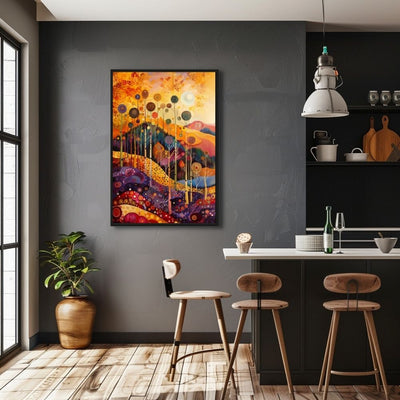 Golden Forest Glow with Whimsical Hills and Autumn Sky