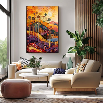 Golden Forest Glow with Whimsical Hills and Autumn Sky