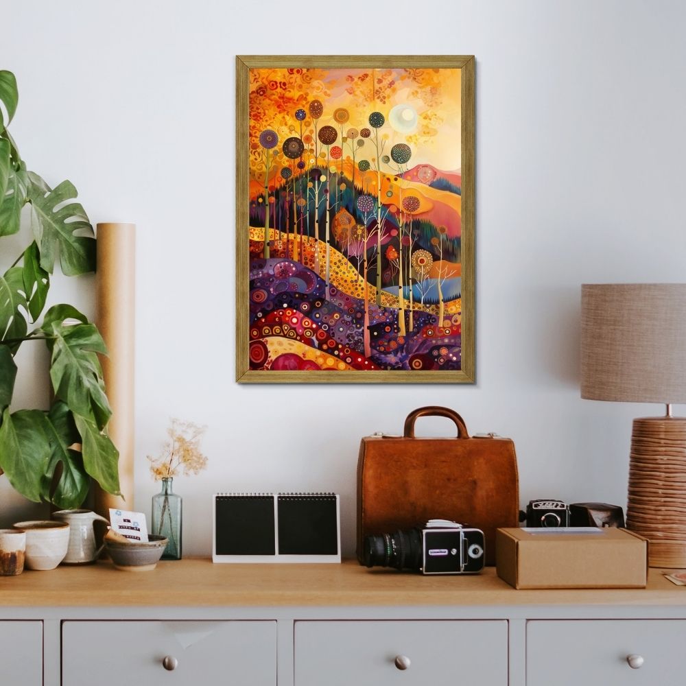 Golden Forest Glow with Whimsical Hills and Autumn Sky