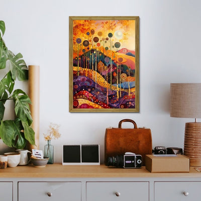 Golden Forest Glow with Whimsical Hills and Autumn Sky
