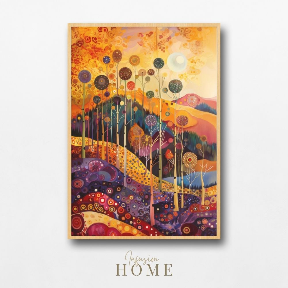Golden Forest Glow with Whimsical Hills and Autumn Sky