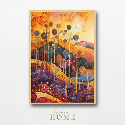 Golden Forest Glow with Whimsical Hills and Autumn Sky