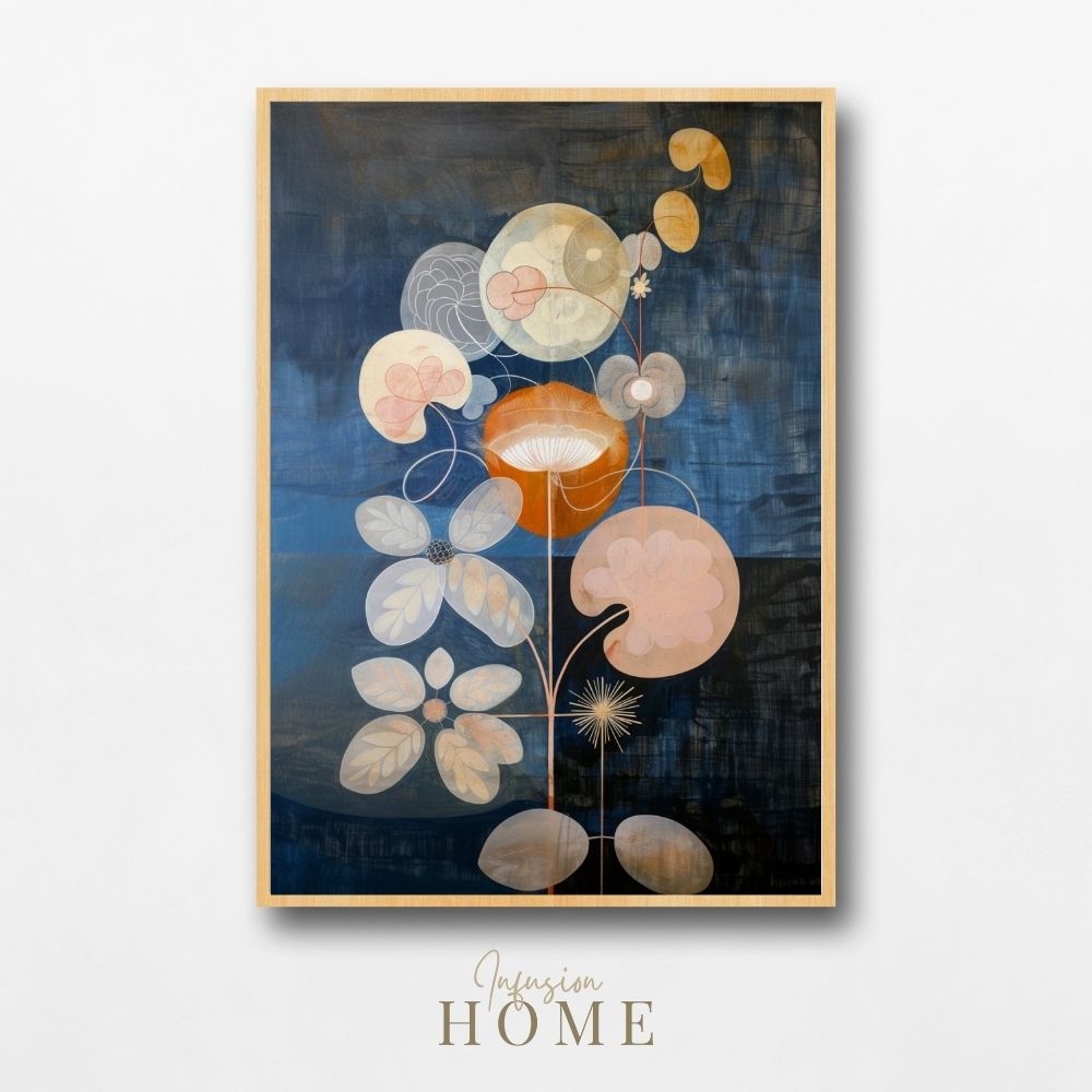 Twilight Floral Nordic Botanical Artwork in Indigo and Rust