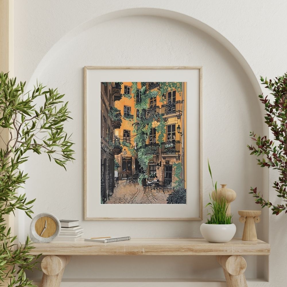 Golden Ivy-Covered Courtyard in a Peaceful Village Digital Art Download
