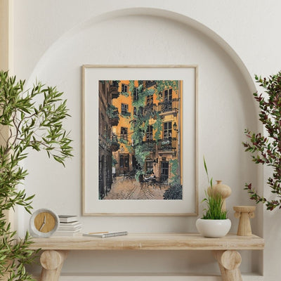 Golden Ivy-Covered Courtyard in a Peaceful Village Digital Art Download