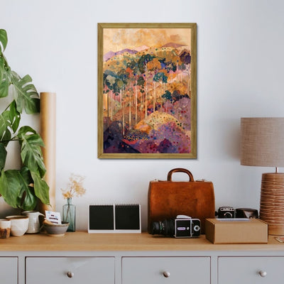 Layered Hills and Fantasy Forest in Pastel Sunrise Tones Downloadable Art