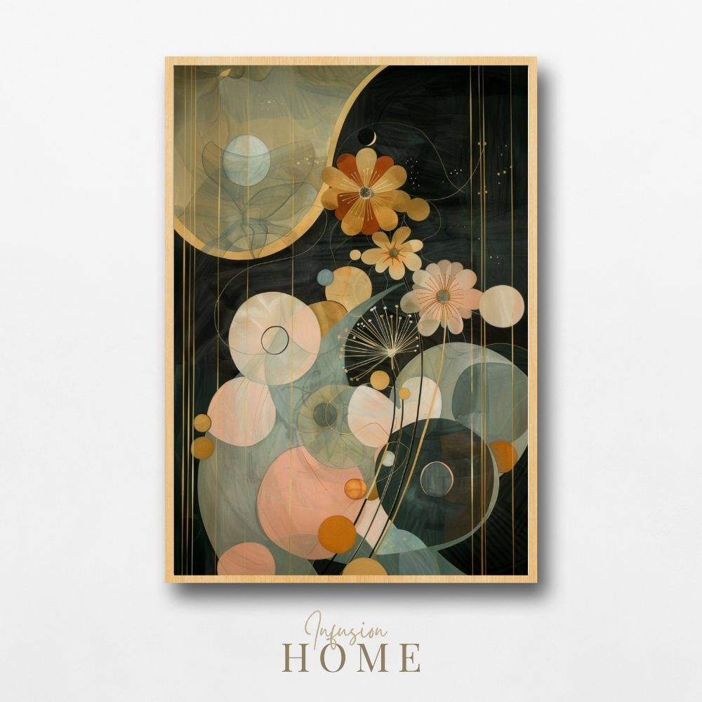 Golden Celestial Floral Wall Art in Deep Green and Blush