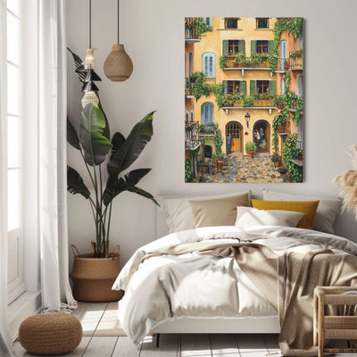 Golden French Courtyard with Ivy Covered Balconies and Cozy Cafe Tables Wall Art