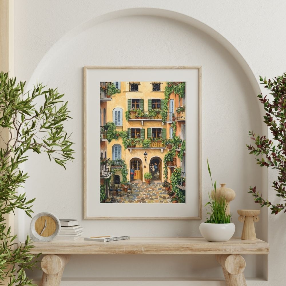 Golden French Courtyard with Ivy Covered Balconies and Cozy Cafe Tables Wall Art