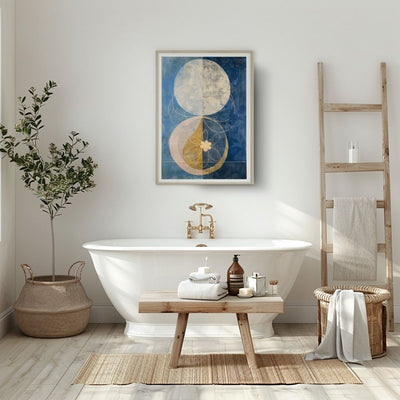 Golden Petal Moon Abstract Floral Print in Blue and Beige