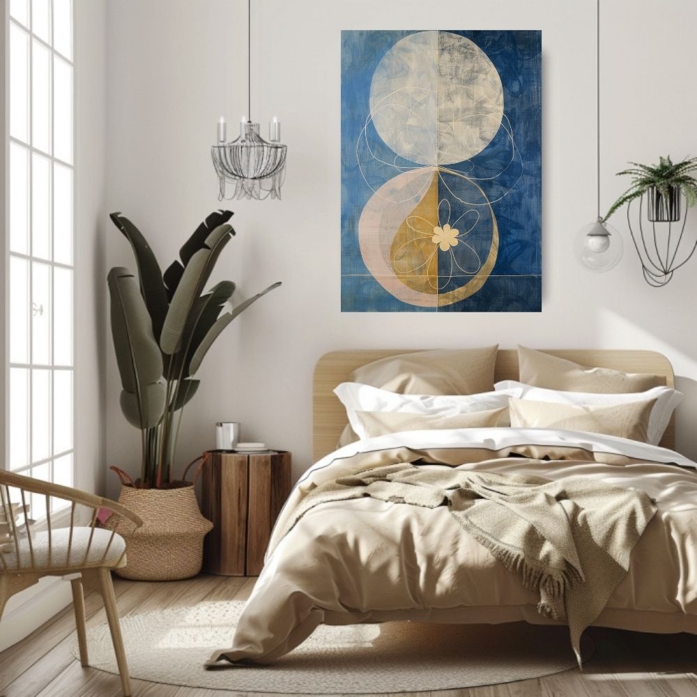Golden Petal Moon Abstract Floral Print in Blue and Beige