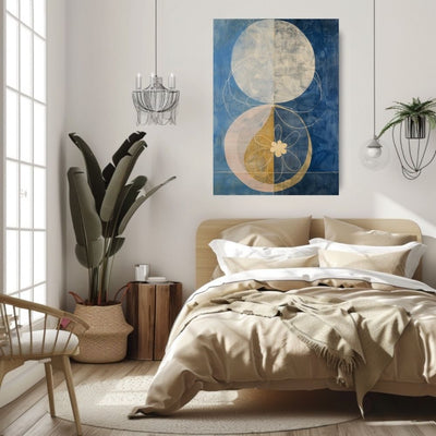 Golden Petal Moon Abstract Floral Print in Blue and Beige