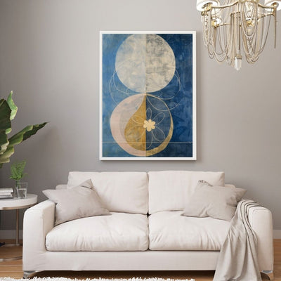 Golden Petal Moon Abstract Floral Print in Blue and Beige