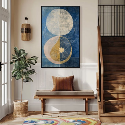 Golden Petal Moon Abstract Floral Print in Blue and Beige
