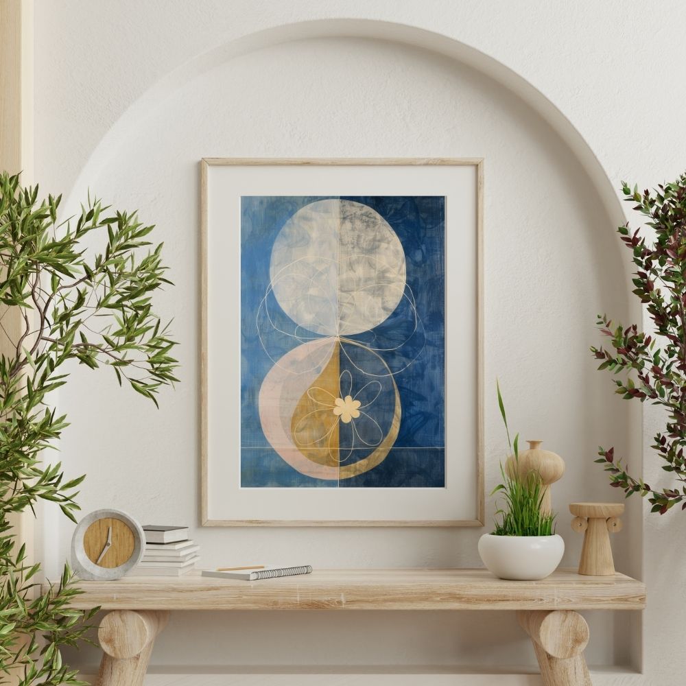 Golden Petal Moon Abstract Floral Print in Blue and Beige