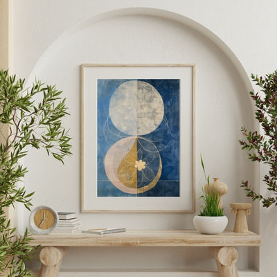 Golden Petal Moon Abstract Floral Print in Blue and Beige
