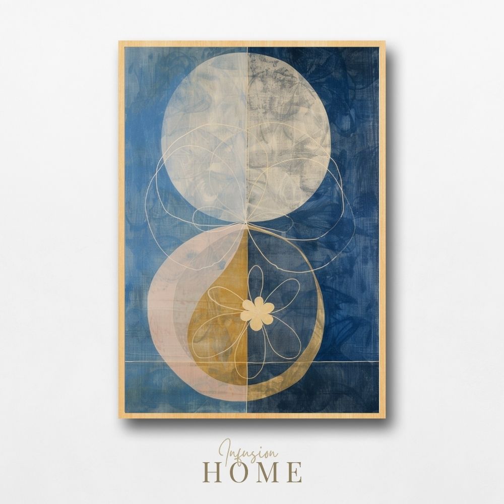 Golden Petal Moon Abstract Floral Print in Blue and Beige