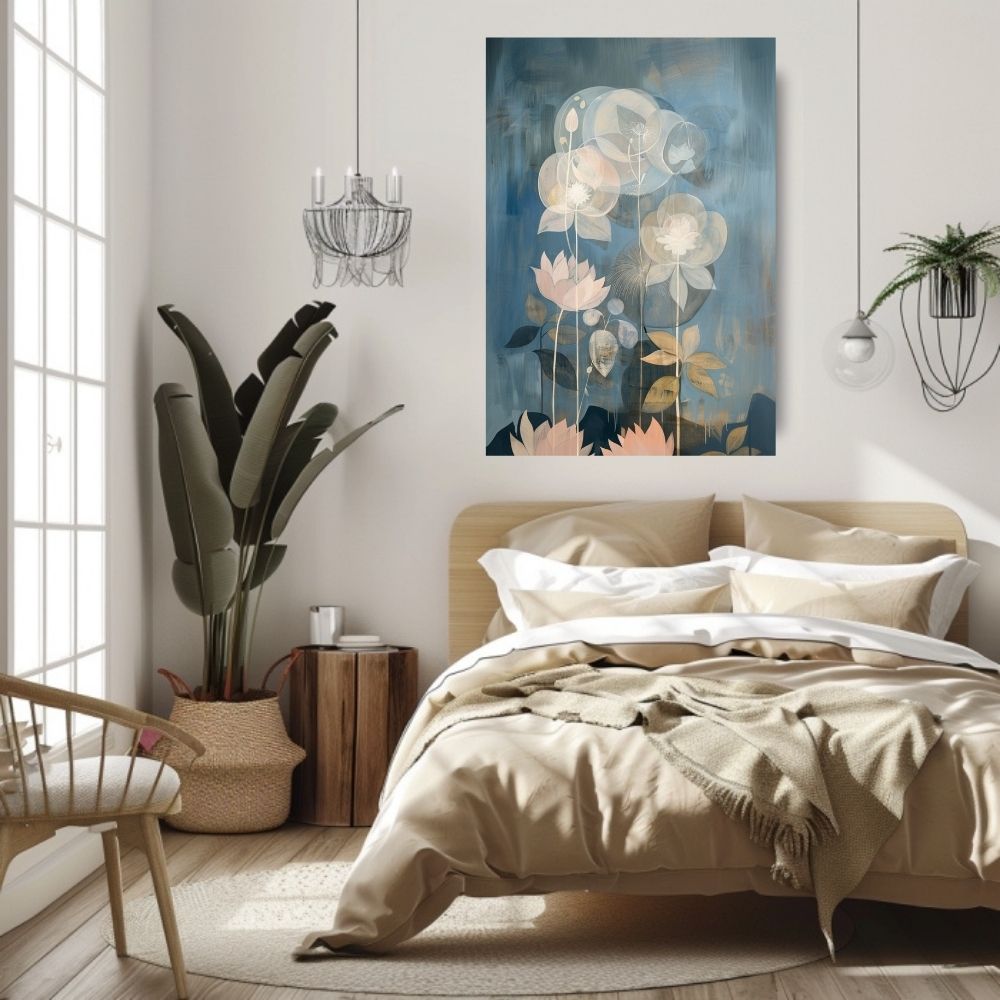 Moonlit Lotus Garden Dreamy Blue and Blush Floral Art Print