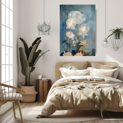 Moonlit Lotus Garden Dreamy Blue and Blush Floral Art Print