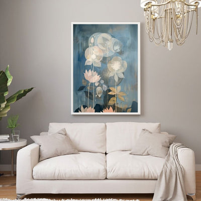 Moonlit Lotus Garden Dreamy Blue and Blush Floral Art Print