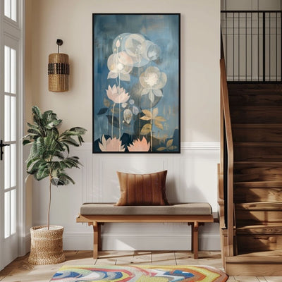 Moonlit Lotus Garden Dreamy Blue and Blush Floral Art Print