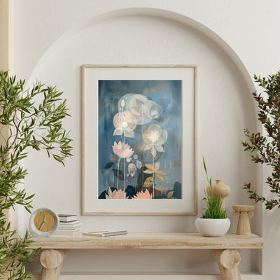 Moonlit Lotus Garden Dreamy Blue and Blush Floral Art Print
