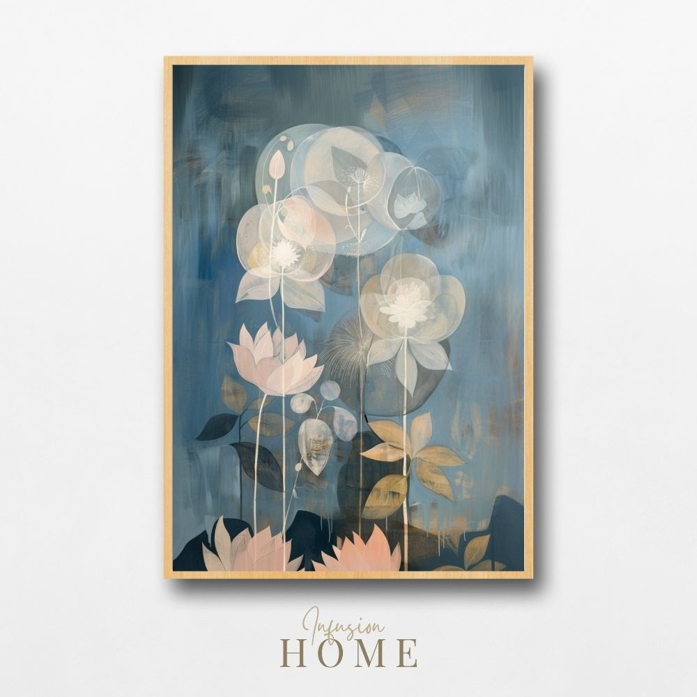 Moonlit Lotus Garden Dreamy Blue and Blush Floral Art Print