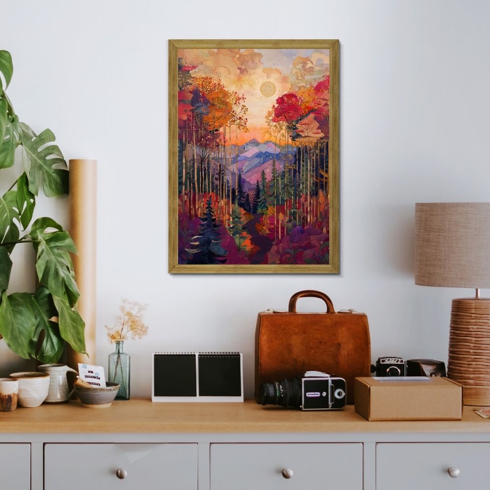 Path Through the Autumn Forest Toward Lavender Mountains