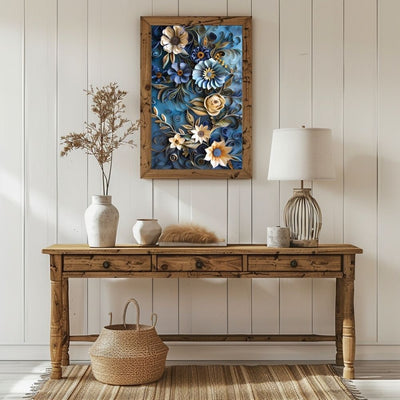 Blue Botanical Paper Cut Floral Art Print