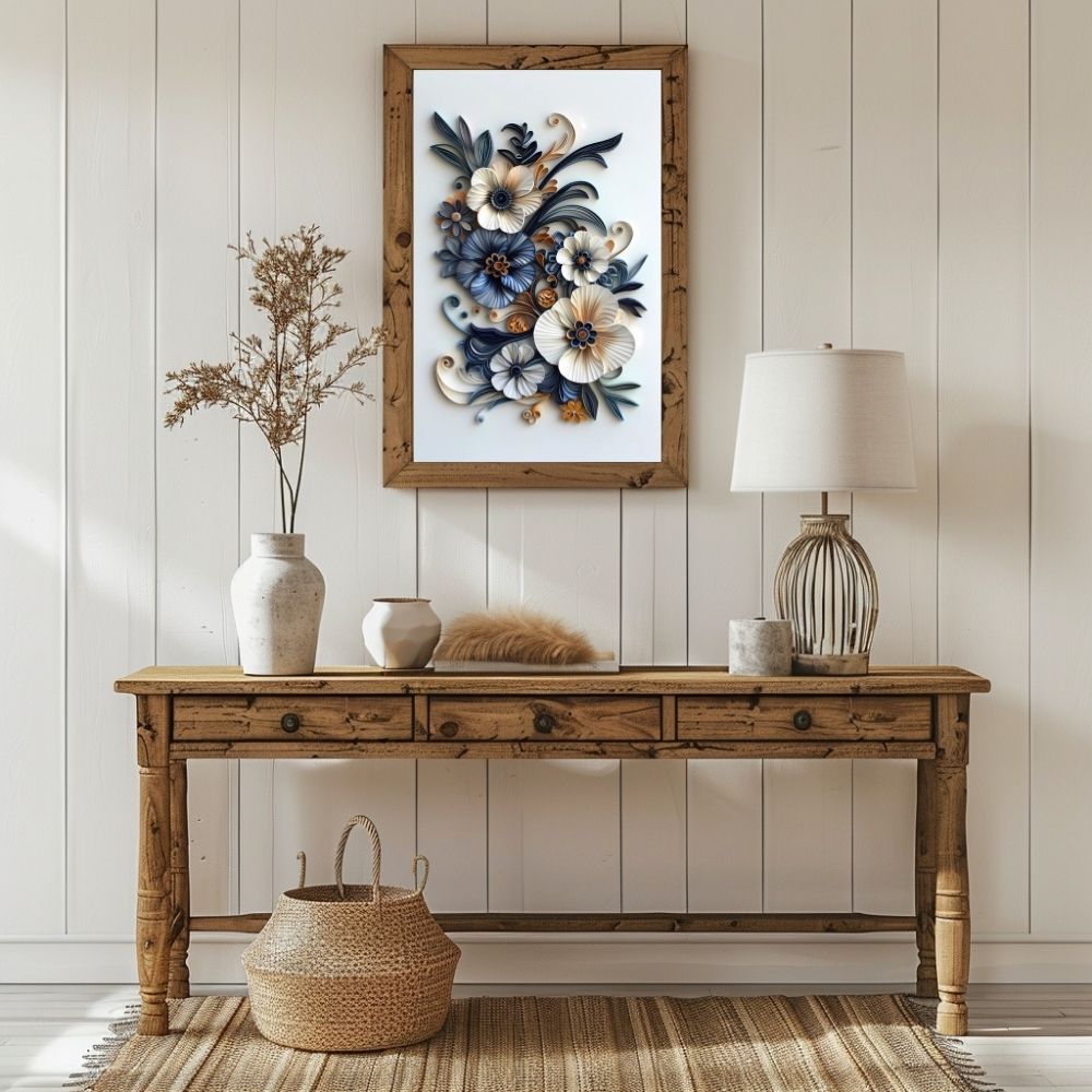 Elegant Navy and Cream Paper Cut Floral Wall Art Printable