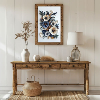 Elegant Navy and Cream Paper Cut Floral Wall Art Printable