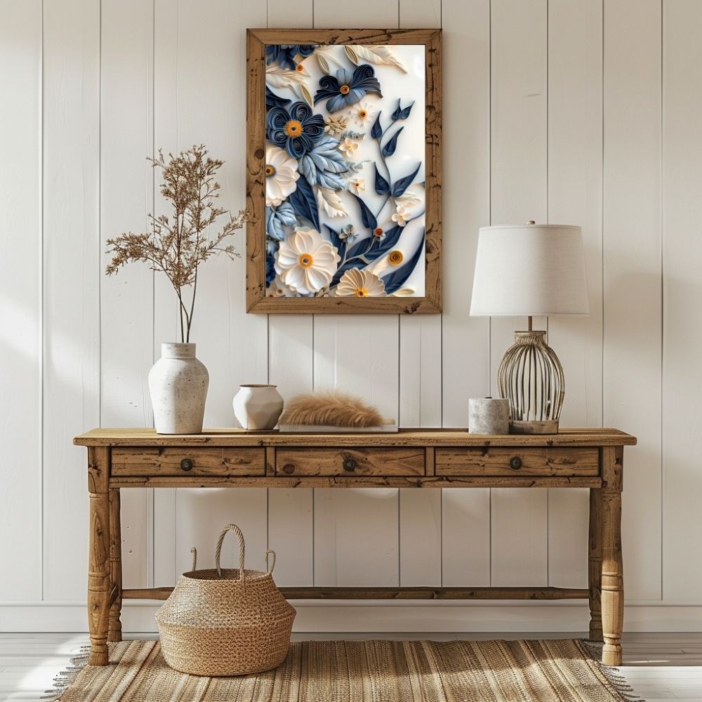 Navy and White Paper Cut Flower Wall Art Printable