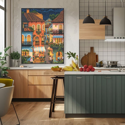 Romantic Cafe Under the Stars with Terracotta Rooftops Digital Wall Art