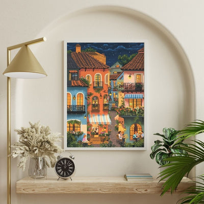Romantic Cafe Under the Stars with Terracotta Rooftops Digital Wall Art