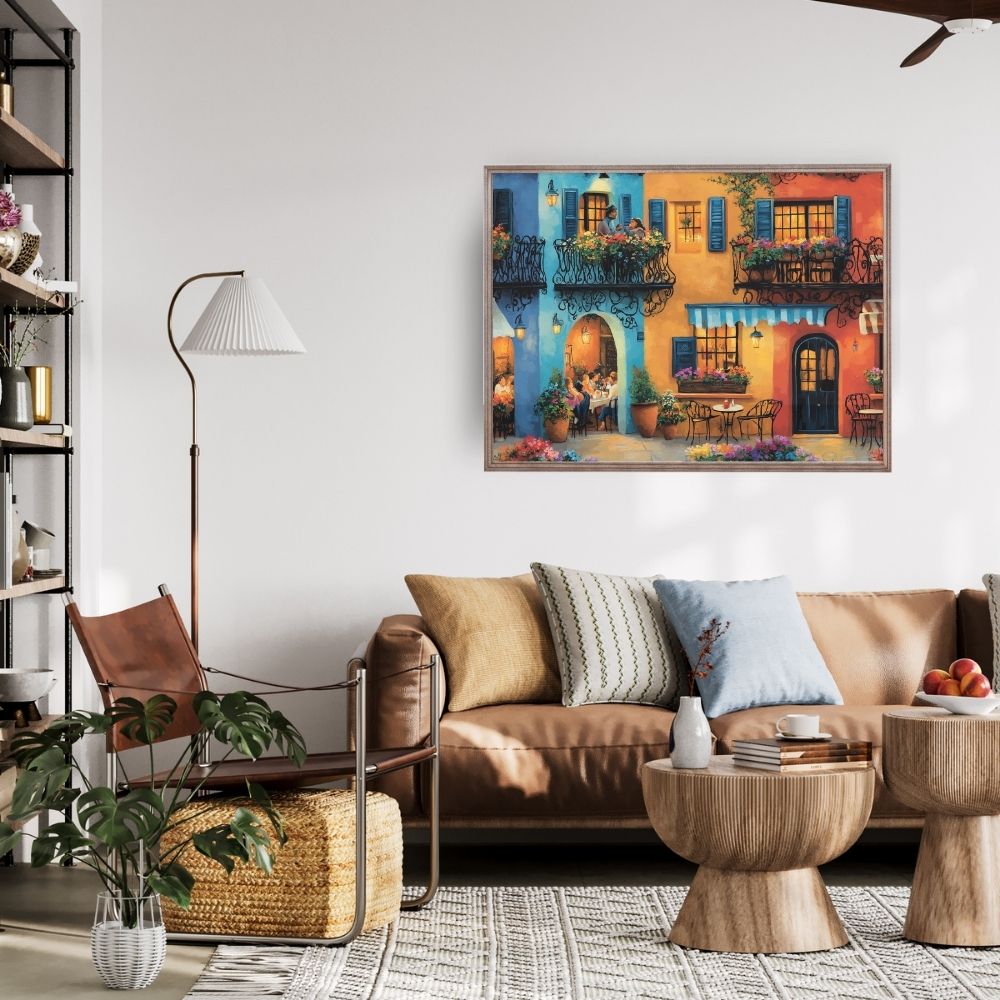 Romantic Balcony Chat in a Colorful Cafe Street Scene Digital Download