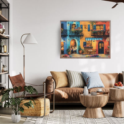 Romantic Balcony Chat in a Colorful Cafe Street Scene Digital Download