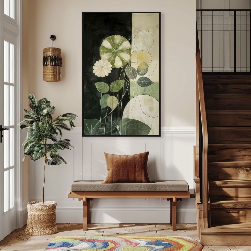 Nordic Floral Minimalist Botanical Art in Green and Cream