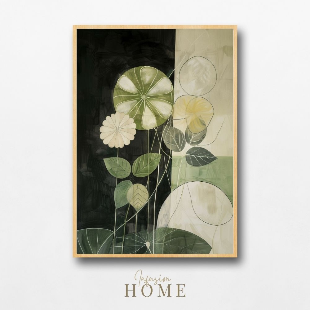 Nordic Floral Minimalist Botanical Art in Green and Cream