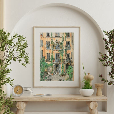 Soft Pastel Courtyard with Ivy-Draped Balconies Digital Art Download