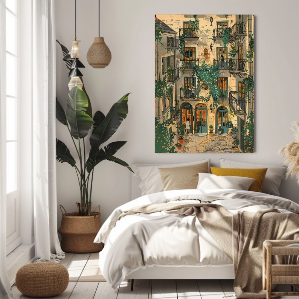 Sunlit French Village Courtyard and Balcony Digital Wall Art