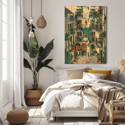 Sunlit French Village Courtyard and Balcony Digital Wall Art