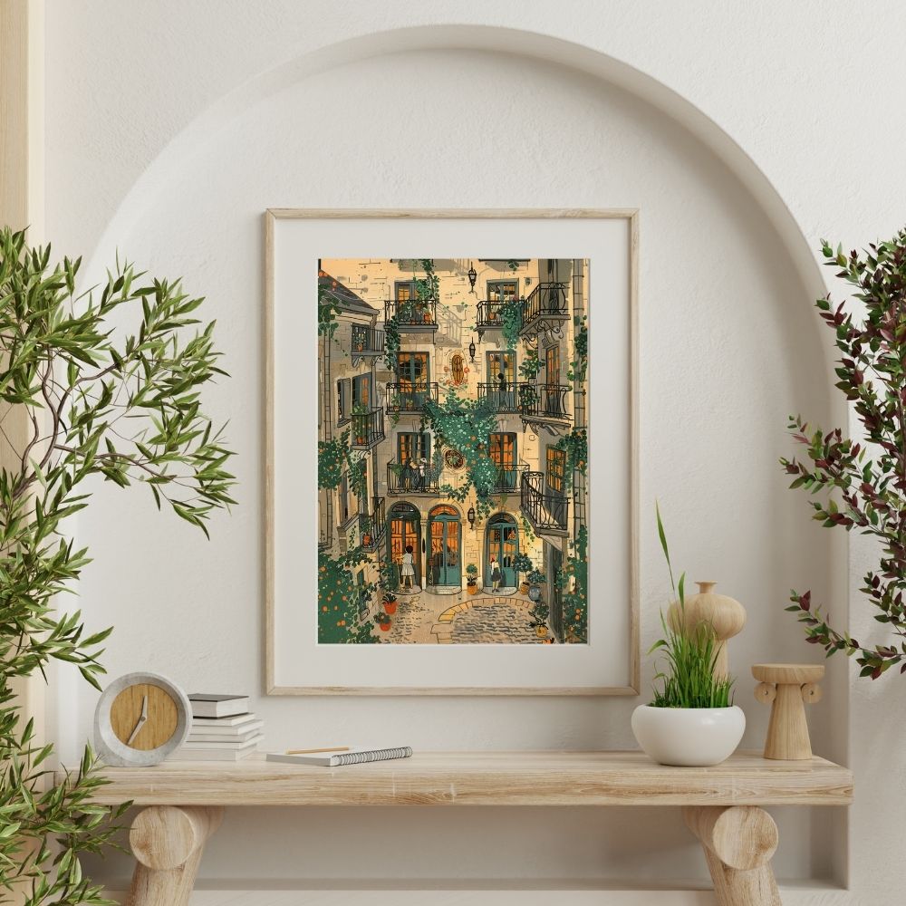 Sunlit French Village Courtyard and Balcony Digital Wall Art
